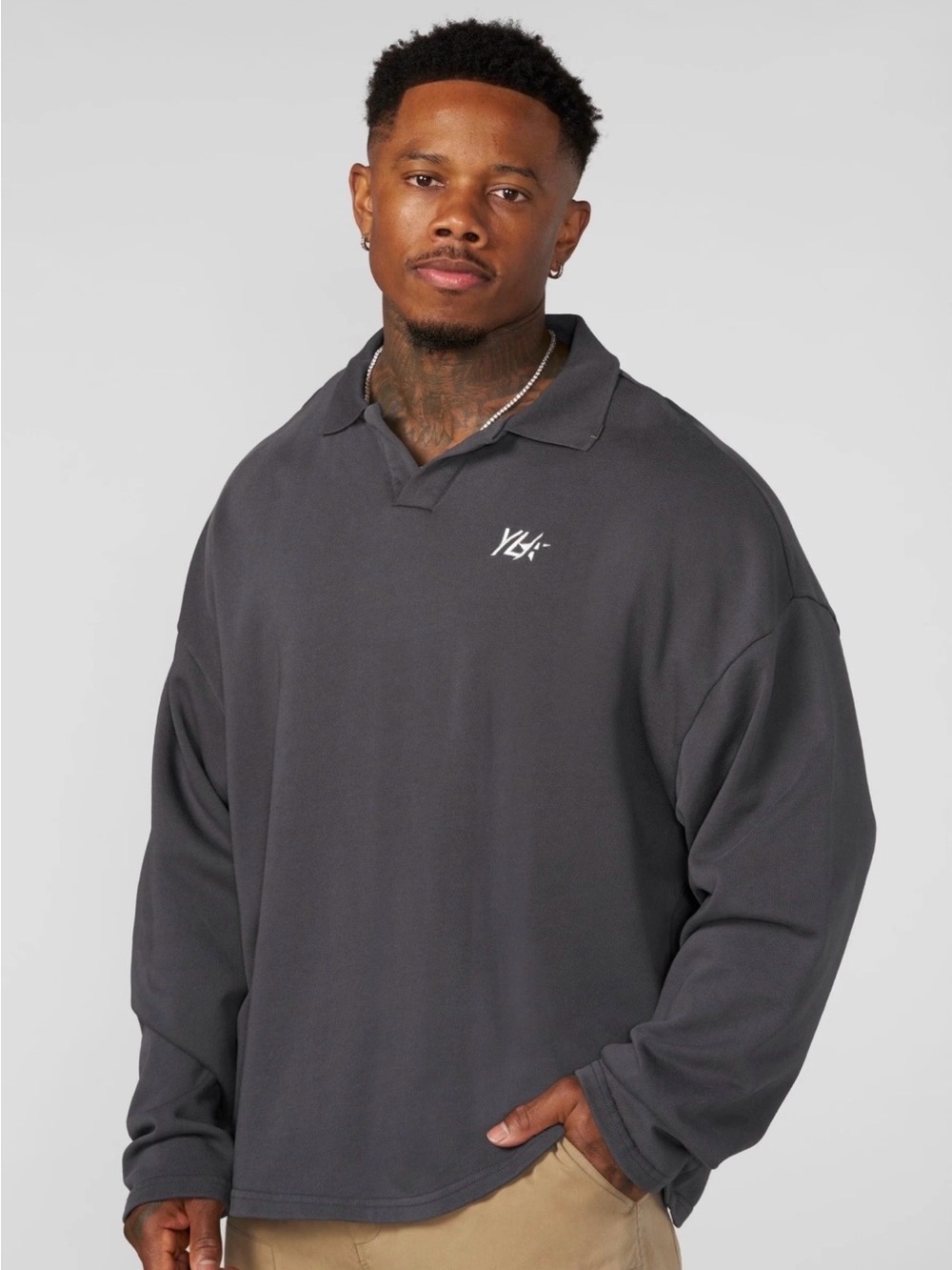 YoungLA Men's Long Sleeve Polo - Charcoal Gray